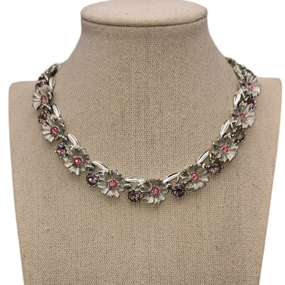 Floral Rhinestone Collar Necklace Rose Tones Silver Vintage Garden Romance